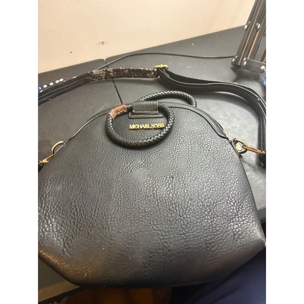 Michael Kors Black Pebbled Crossbody Bag Braided Ring Handle Gold Hardware AS IS